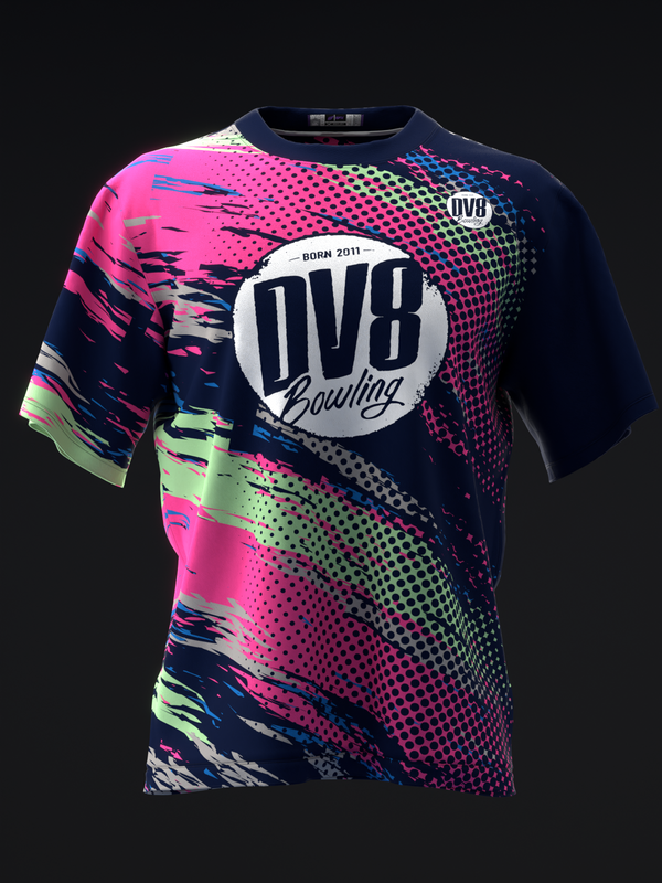 Navy bowling jersey with pink, neon green halftone pattern and DV8 logo front view