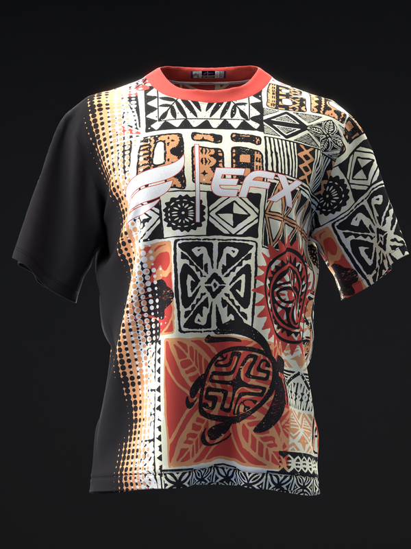 Black bowling jersey with colorful abstract geometric and tribal patterns on front panel.