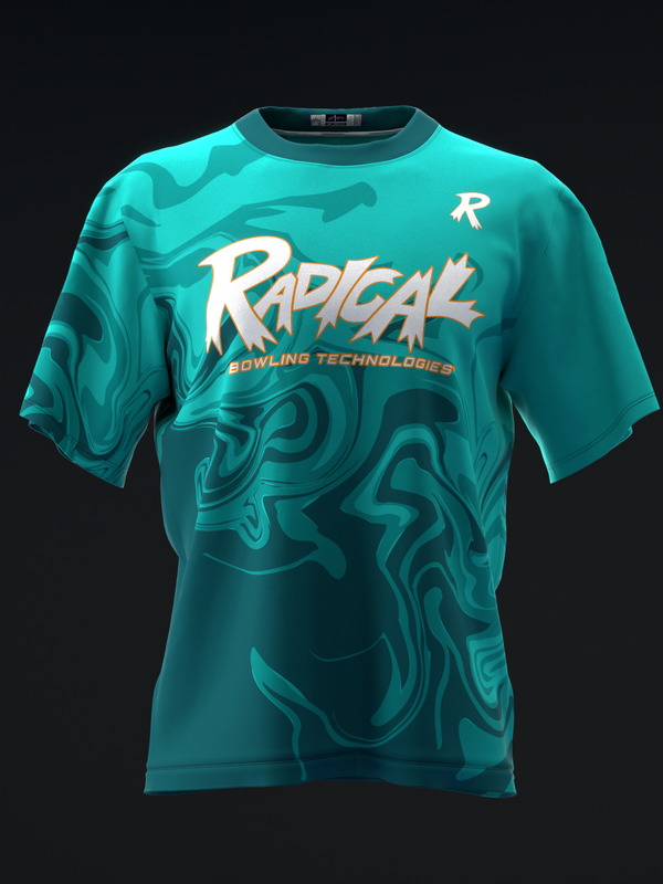 Turquoise bowling jersey with abstract swirl pattern and Radical branding, front view