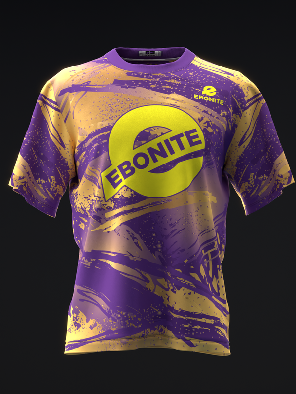 Purple and gold bowling jersey with Ebonite logo and abstract splatter design