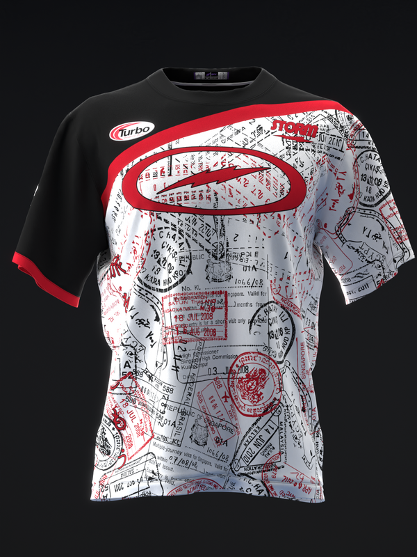 Black and white bowling jersey with red accents and stamp design, front view