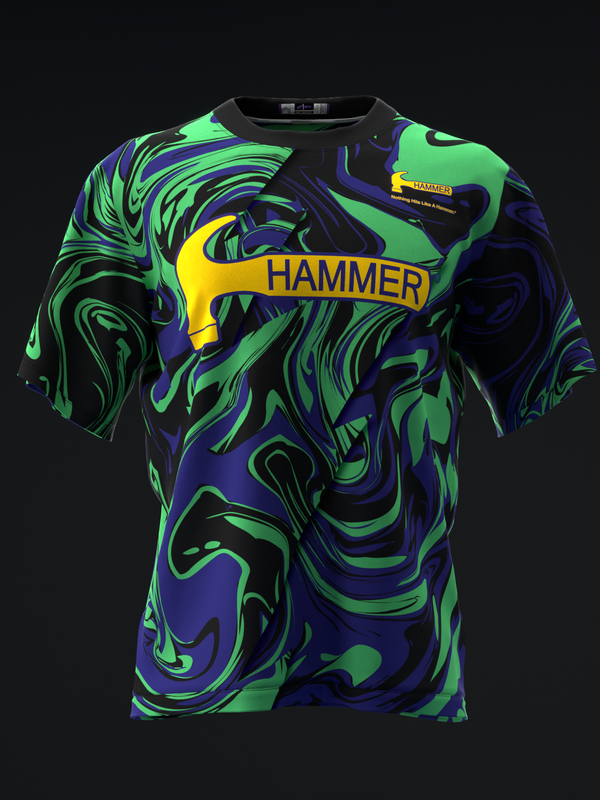 Black bowling jersey with neon green and blue swirled pattern and yellow Hammer logo