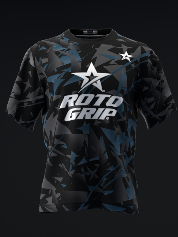 Black bowling jersey with blue and gray geometric pattern and white star logo