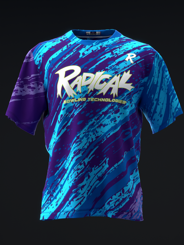 Front view bowling jersey with cyan and purple abstract brush stroke pattern and Radical logo