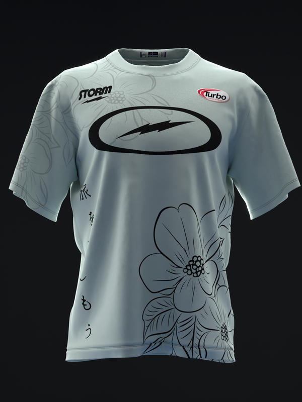 Light gray bowling jersey with floral design and black oval logo on front