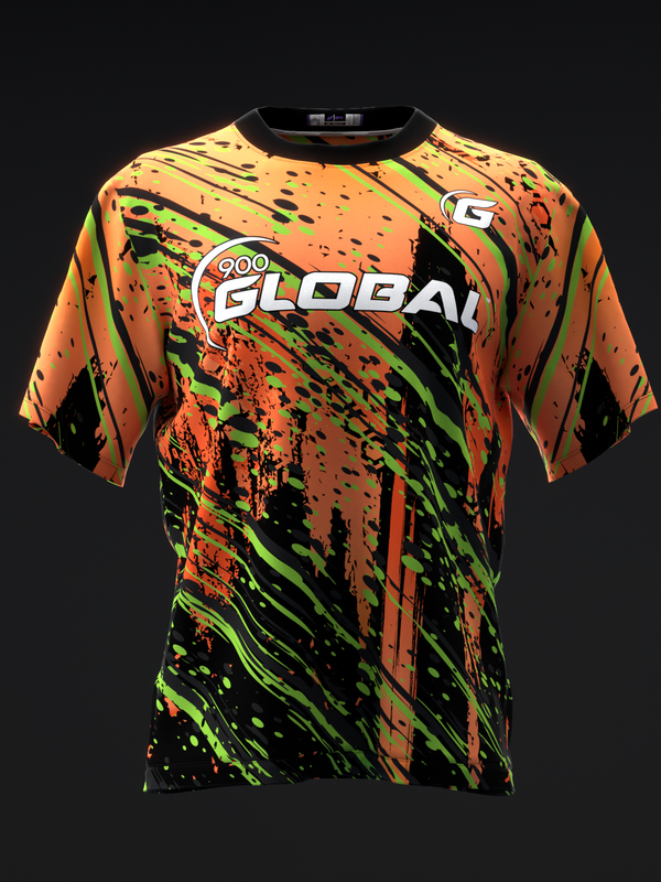 Front view of orange and black bowling jersey with neon green splatter pattern and 900 Global logo