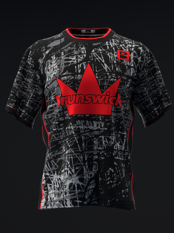 Black and white textured bowling jersey with red crown logo and Brunswick text