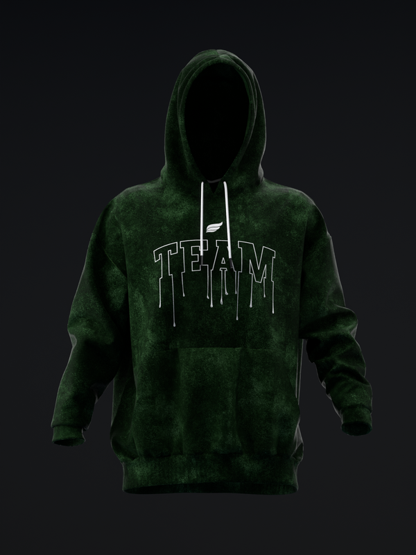 Dark green velvet hoodie with distressed white Team text graphic on front
