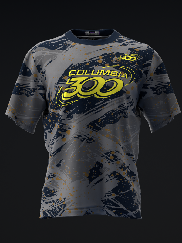 Gray bowling jersey with navy and gold distressed pattern and yellow Columbia 300 logo