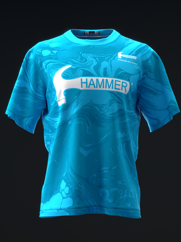 Bright blue bowling jersey with marbled pattern and white Hammer logo