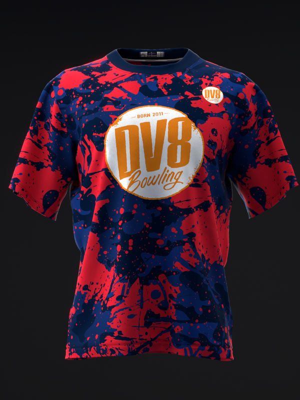 Front view of DV8 bowling jersey with red and navy splatter pattern and circular logo
