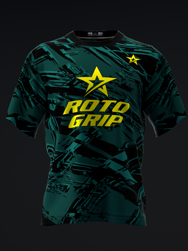 Teal and black bowling jersey with yellow Roto Grip logo and star graphic