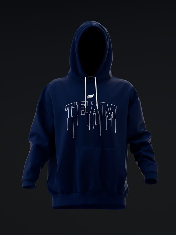 Navy pullover hoodie with white Team graphic and dripping text design front view