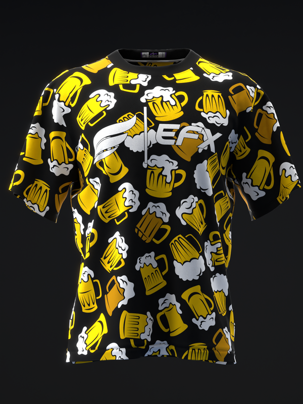 Black bowling jersey with yellow beer mugs and white foam pattern, front view