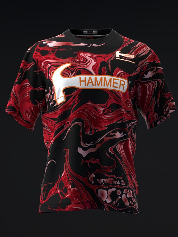 Front view of red and black marbled bowling jersey with Hammer logo and graphic design