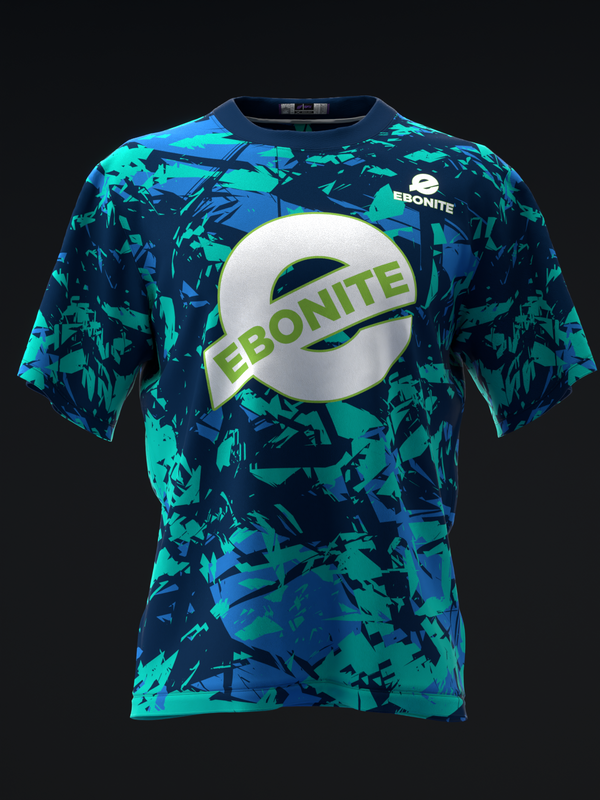 Black and teal abstract patterned bowling jersey with large circular Ebonite logo, front view