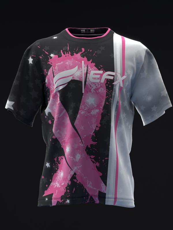 Black and white bowling jersey with pink splash graphic and vertical stripe detail