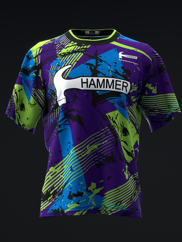 Bowling jersey front view with purple, blue, lime geometric and line pattern, Hammer logo