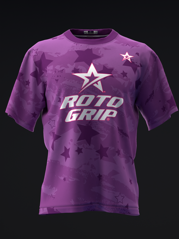 Purple bowling jersey with star pattern and Roto Grip logo, front view