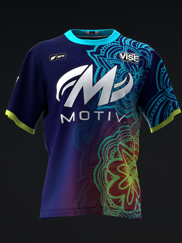 Navy bowling jersey with Motiv logo, cyan trim, and intricate mandala-inspired graphic design