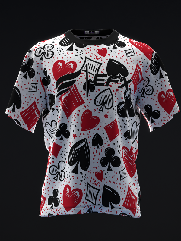 White bowling jersey with playing card suits pattern in red and black