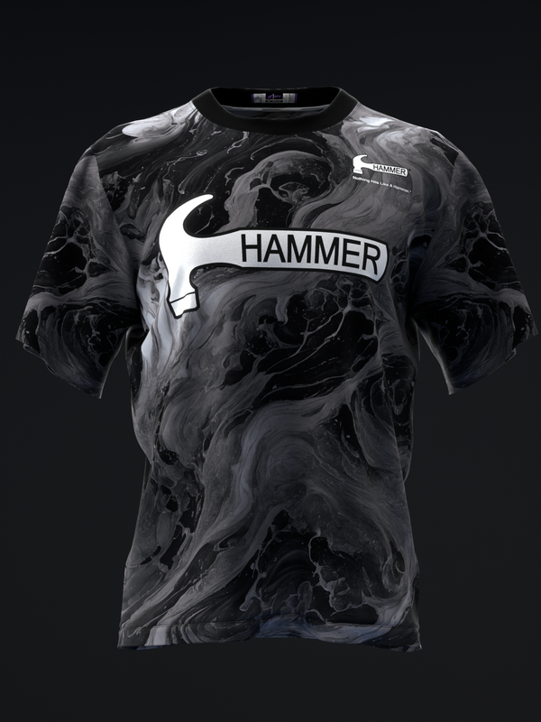 Black bowling jersey with white Hammer logo and marbled swirl pattern front view