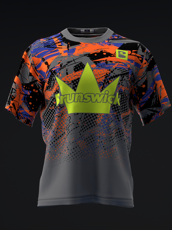 Brunswick bowling jersey front view with lime crown logo and blue orange abstract pattern