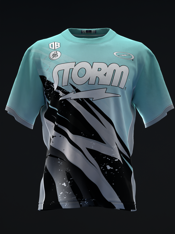 Tiffany blue bowling jersey with Storm logo and black lightning graphic design