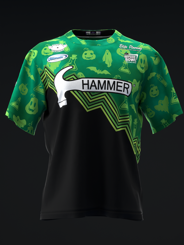 Green and black bowling jersey with Hammer logo and Halloween-themed graphics