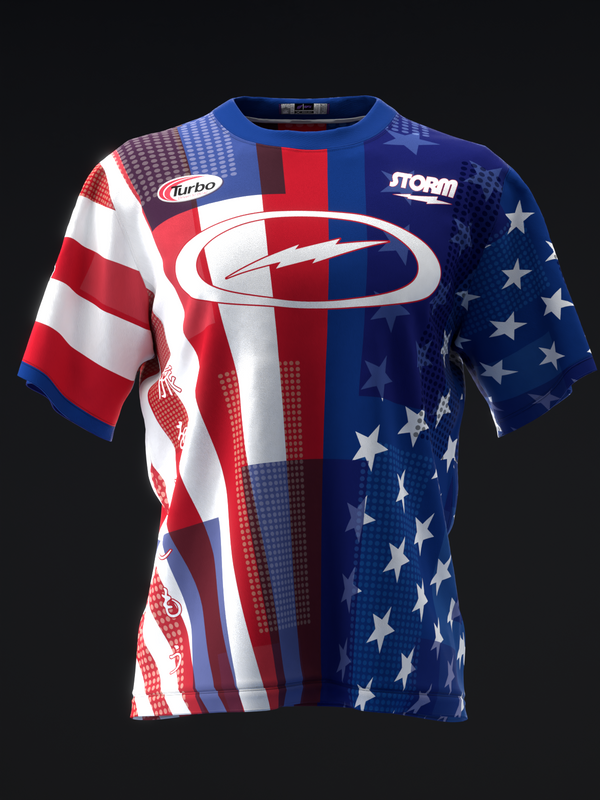 Front view of blue, red, and white bowling jersey with stars and stripes pattern