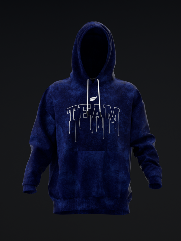 Navy blue velvet pullover hoodie with distressed Team graphic on front