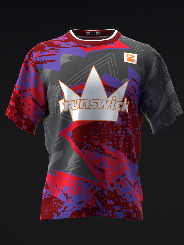 Front view of red and blue bowling jersey with white crown graphic and Brunswick text