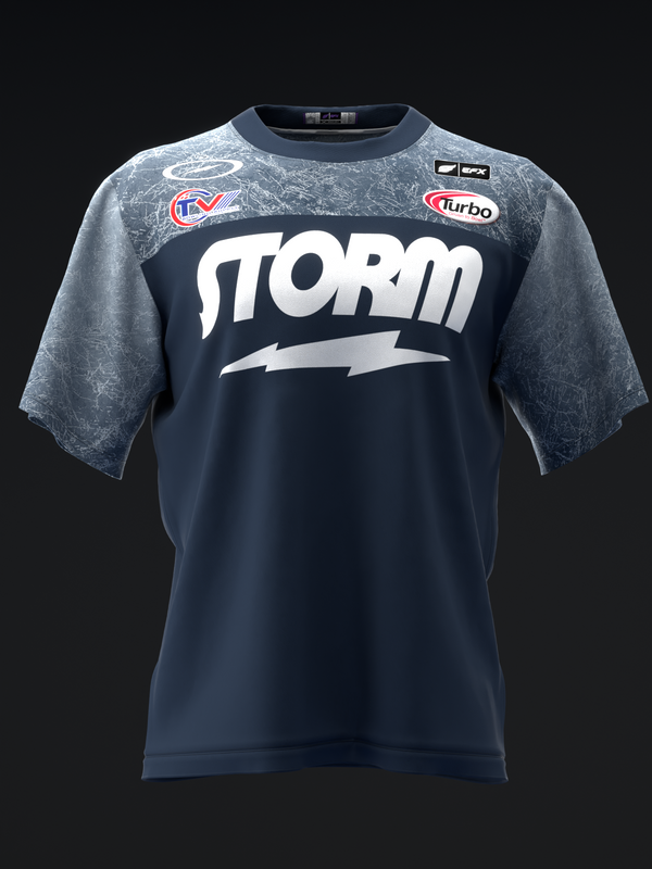 Navy bowling jersey with grey textured sleeves and white Storm logo front view
