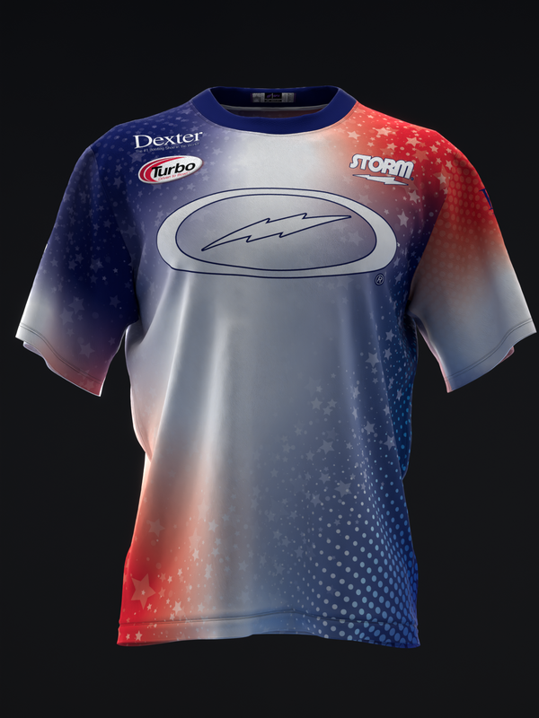 Red, white, and blue bowling jersey with gradient fade and dotted pattern design