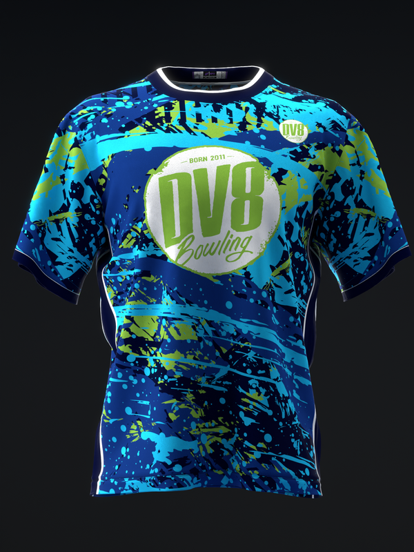 Front view of blue bowling jersey with cyan, lime, and navy splatter pattern and circular DV8 Bowling logo.