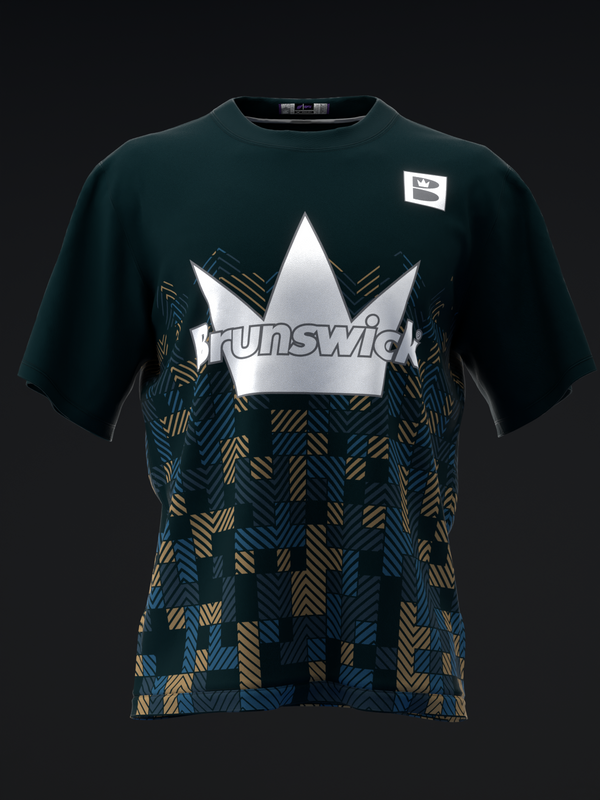 Dark teal bowling jersey with white crown logo and geometric patterned lower section