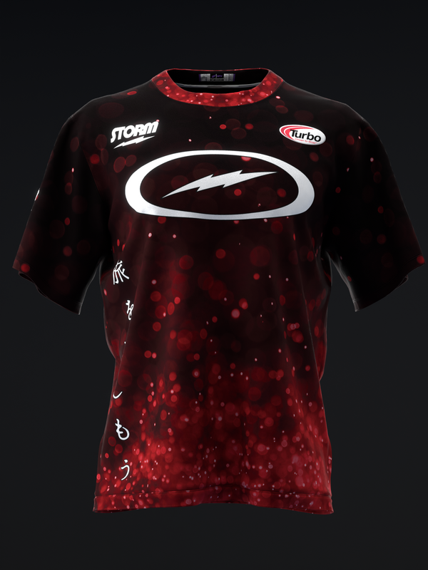 Black and red bowling jersey with bokeh pattern and white oval logo, front view