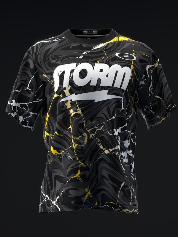 Black bowling jersey with white and yellow lightning bolt pattern and Storm logo