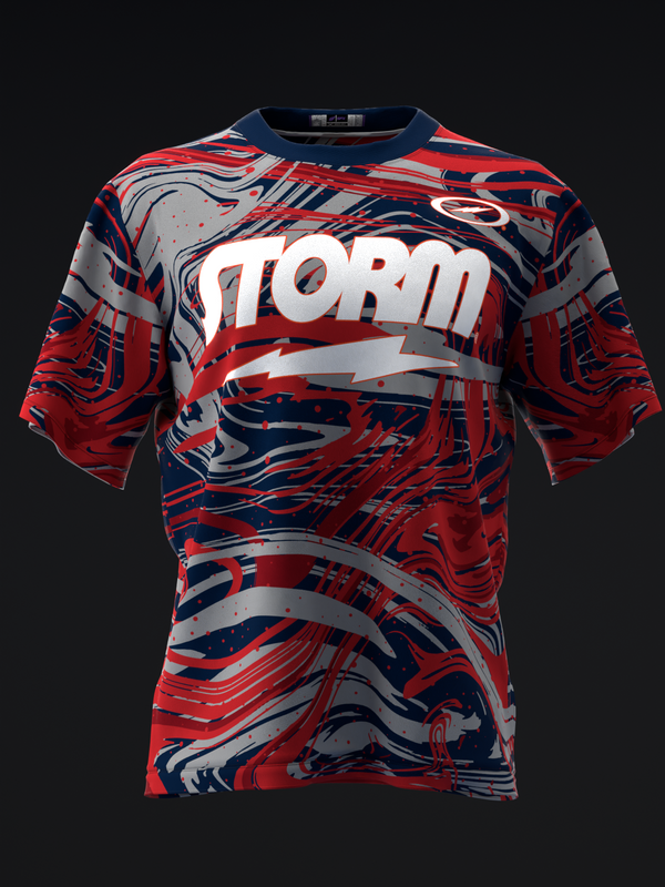 Red and navy bowling jersey with abstract swirl pattern and white Storm text, front view