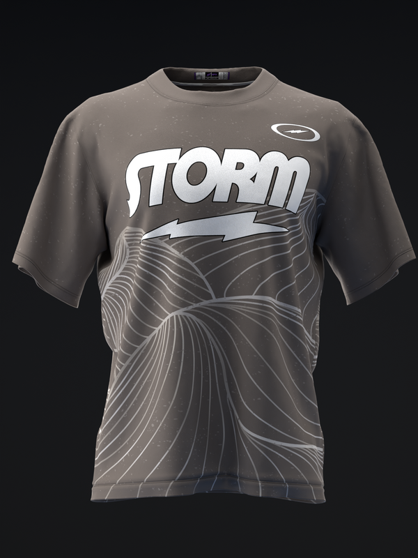Gray bowling jersey with Storm text and lightning bolt graphic on front.