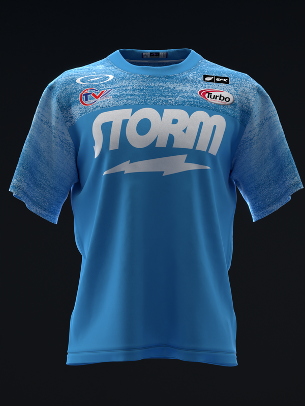 Blue bowling jersey with Storm logo and sponsor patches on front