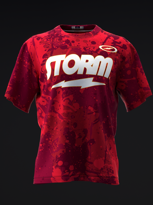 Red bowling jersey with abstract splatter pattern and white Storm logo