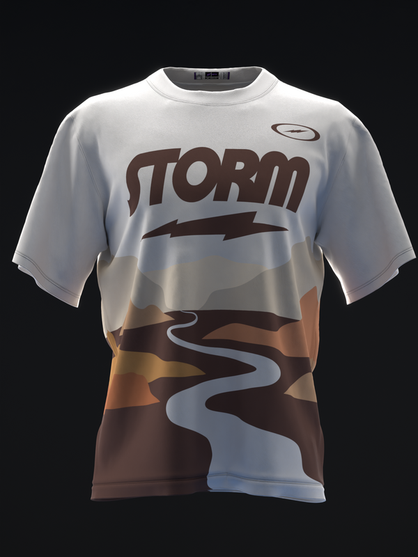 White and brown bowling jersey front with Storm logo and landscape graphic design