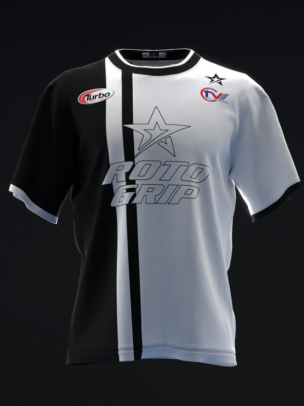 Black and white bowling jersey with star graphic and Roto Grip text design, front view