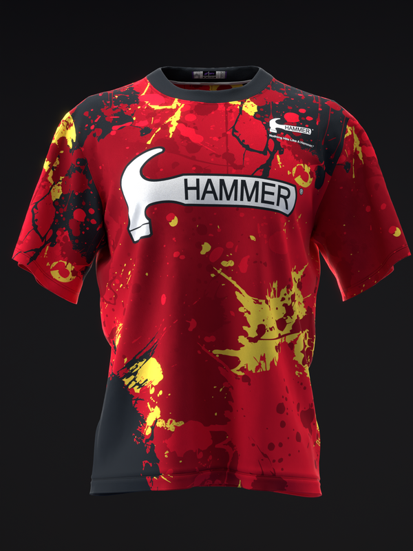 Red bowling jersey with hammer logo and yellow splatter pattern, front view