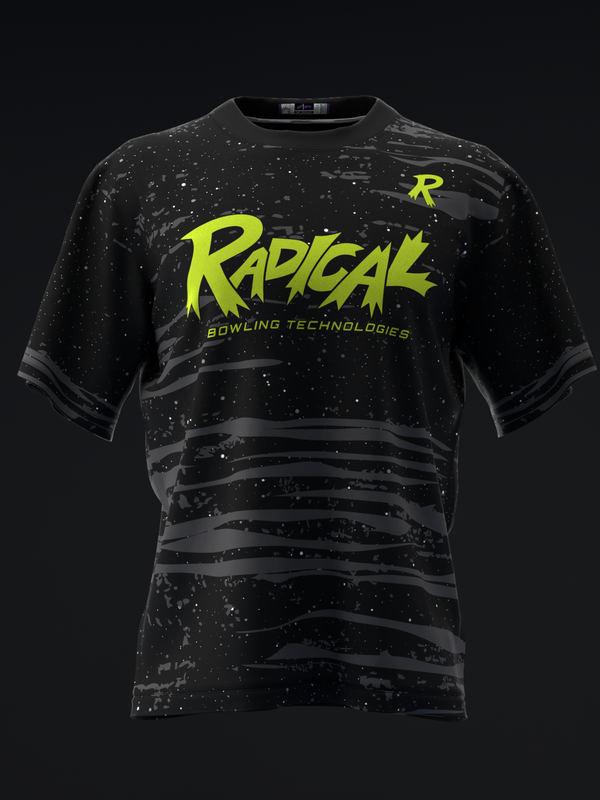 Black bowling jersey with neon yellow Radical logo and horizontal stripe pattern