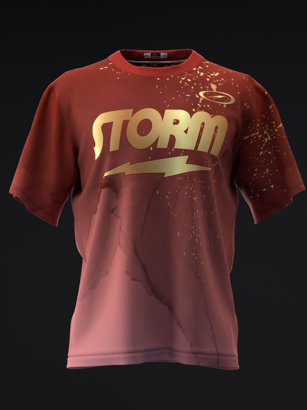 Maroon and pink bowling jersey with gold Storm logo and lightning bolt graphic