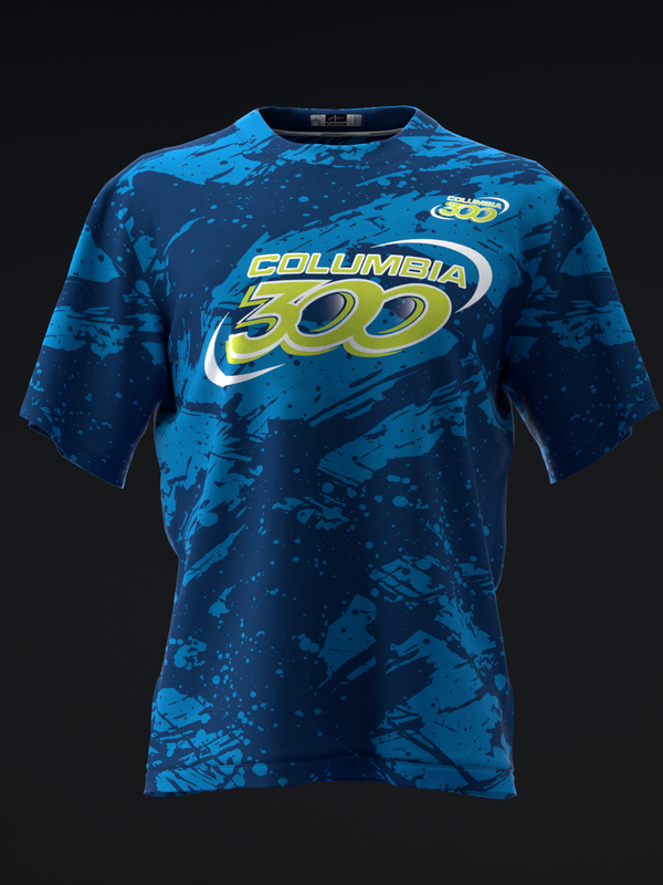 Blue bowling jersey with Columbia 300 logo and splatter paint pattern design