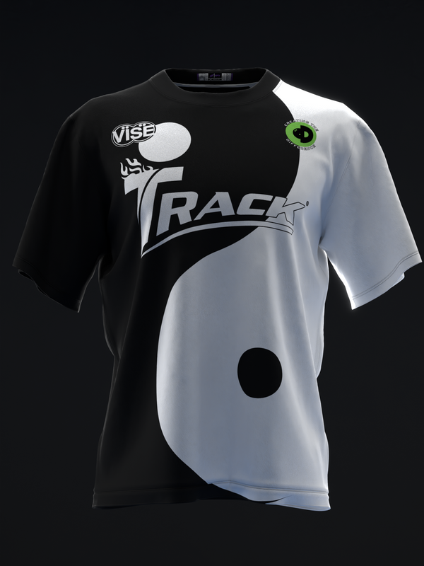 Black and white bowling jersey with yin yang design and Vise Track logo front view
