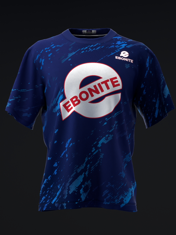 Navy bowling jersey with blue splatter pattern and red Ebonite logo circle, front view